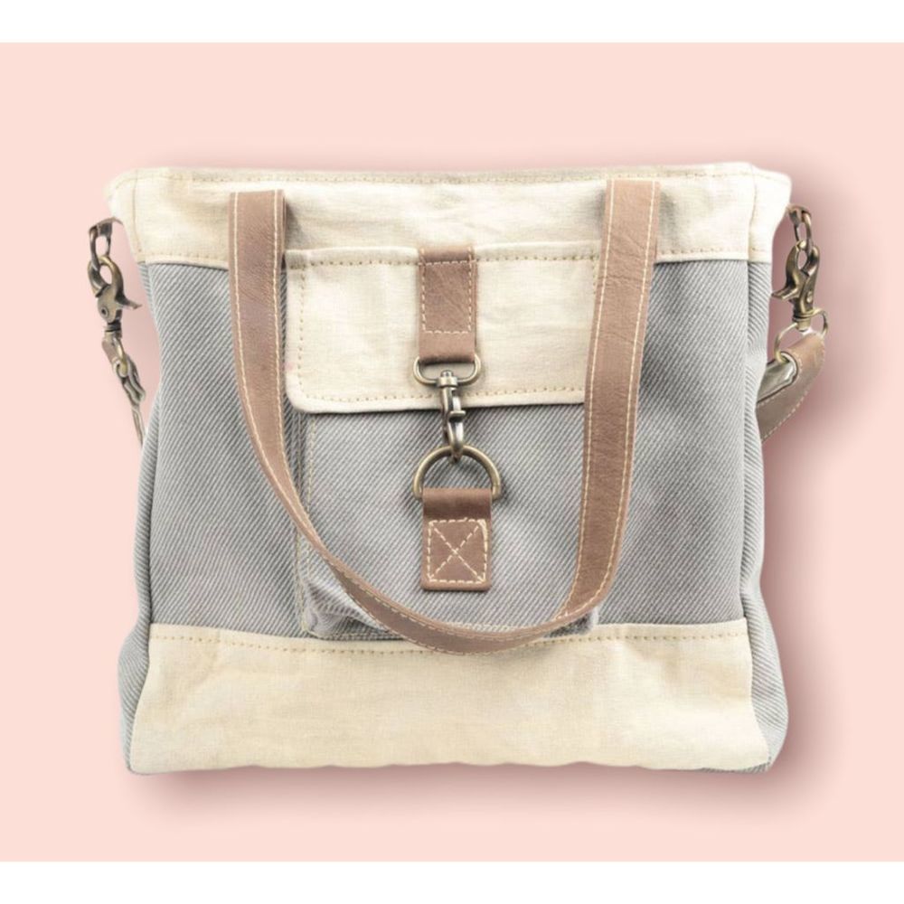 Grey And Cream Mixed Fabric Canvas Crossbody Bag
